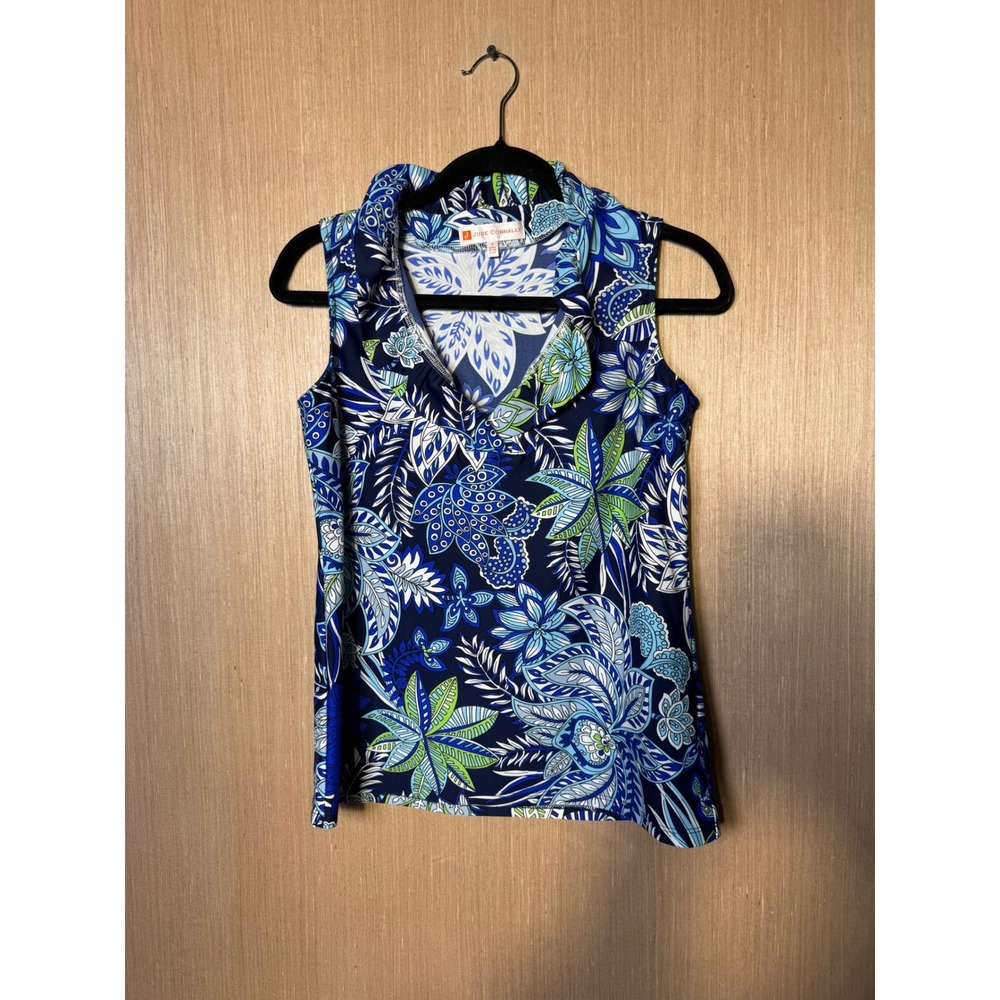 Jude Connally Womens Size S Blue Green Floral Ruffle Neck Sleeveless Made USA
